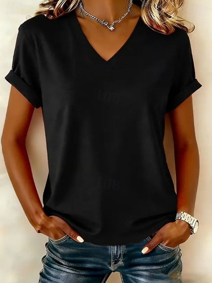 Damen T Shirt Baumwollhemd Einfarbig Klassisch Kurzarm V Ausschnitt Normale Oberteile Lässig Täglich Ausgehen Schwarz Weiß Rosa Sommer Frühling 2026 - $21.99 –P6