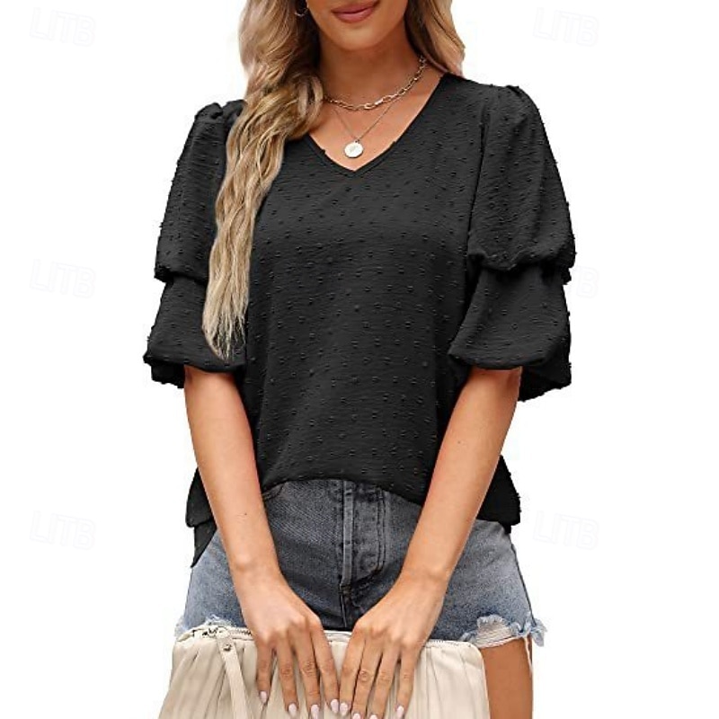 Mulheres Camisa Social Blusa Tops de chiffon Tecido à moda Básico Clássico Manga Curta Manga Princesa Decote V Tops regulares Casual Diário Feriado Azul Preto Branco Vinho Verde Escuro Verão Primavera de 2026 por $18.49 –P14