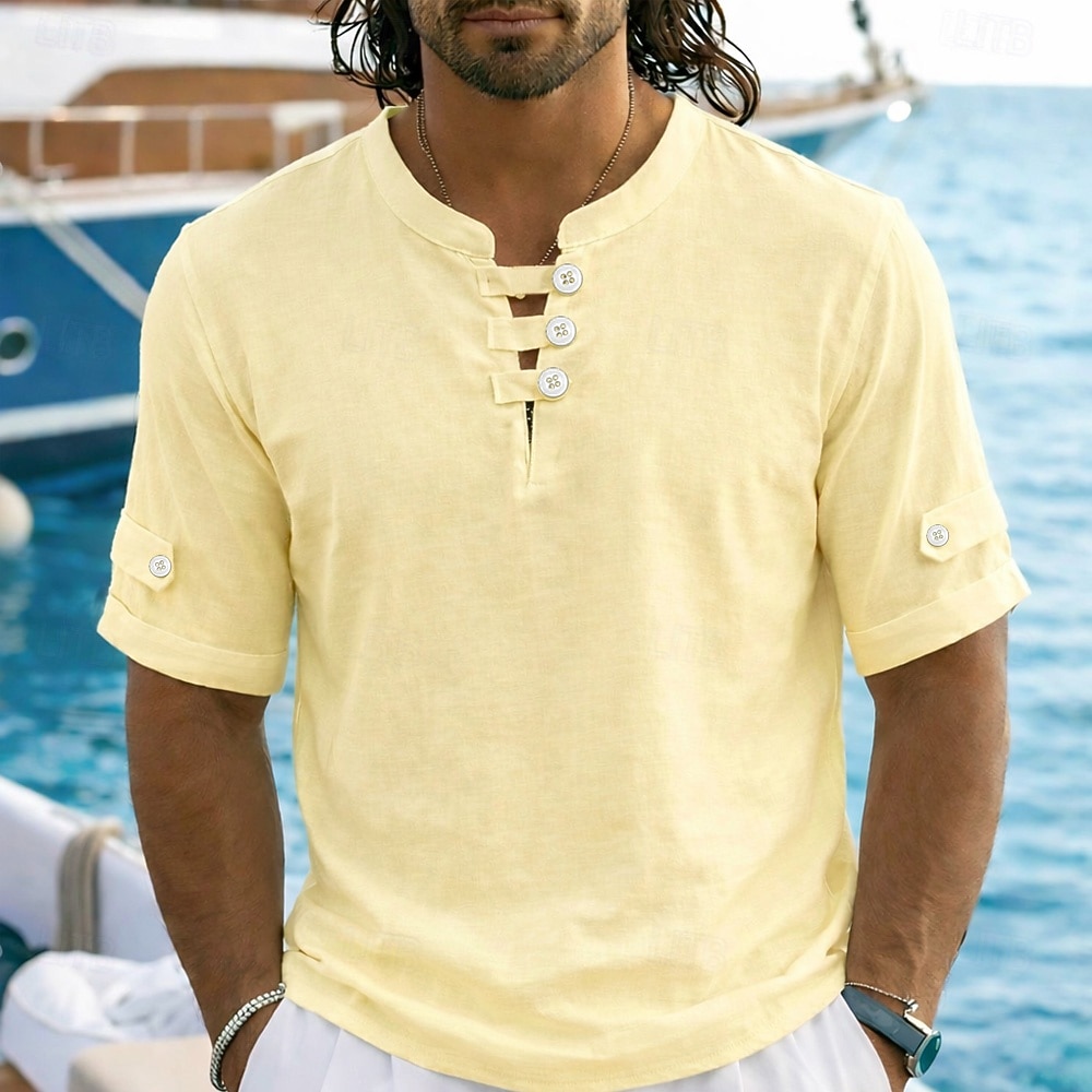 Per uomo Camicia di lino Polo Casuale Vacanza Senza colletto Manica Corta Vacanza Moderno Semplice Blocco di colore Bottoni Estate Primavera Blu Bianco Giallo Rosso Grigio Camicia di lino del 2026 a $10.49 –P3