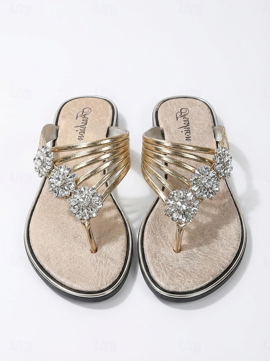 sandali da donna con strass dorati, eleganti scarpe estive basse per la spiaggia, casual e per le vacanze del 2026 a $8.99 –P1