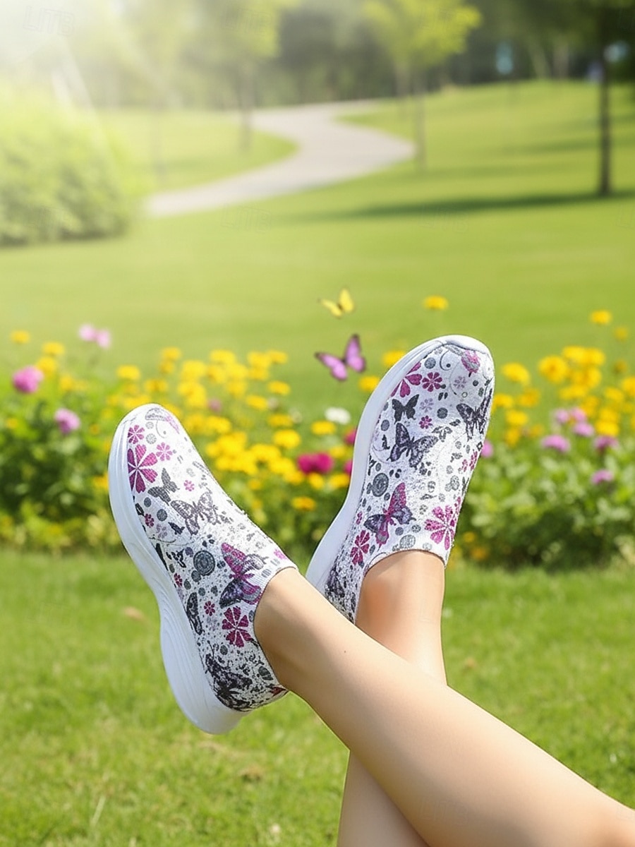 Women's Purple Butterfly Floral Print Sneakers, Breathable Knit Rhinestone Slip On Shoes, Comfortable Casual Walking Shoes for Daily, Vacation & Weekend 2026 - $26.99 –P2