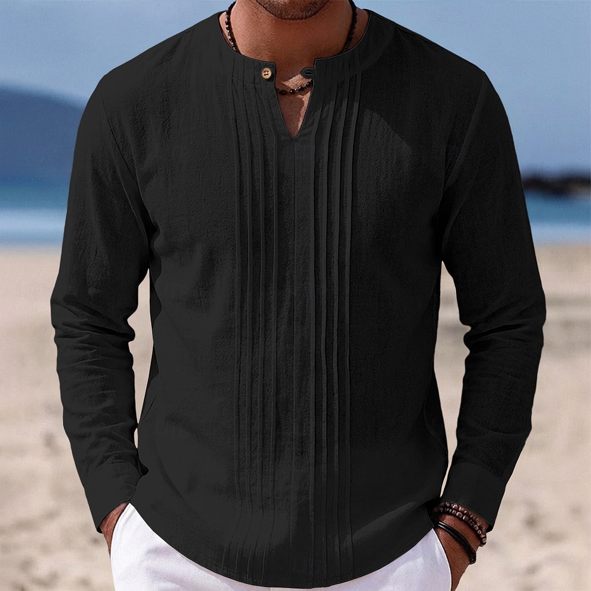 Férfi Ing Vászon ing Nyári póló Stranding Tömör szín Hétköznapi Vakáció Medence Fekete Fehér Khakizöld Hosszú ujj Mandarin gallér Nyár Tavasz Ruházat Fodrozott 2026 - $25.99 –P7