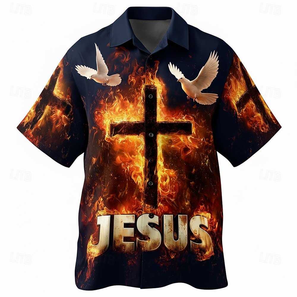 Herren Kreuzfahrer Kreuz Jesus Hemd Knopfhemd Camp-Kragenhemd Kurzarm Vintage-Retro Streetwear Ferien Sommer Frühling Kubanisches Halsband 3D-Druck Blau Schwarz Braun 2026 - $25.99 –P2