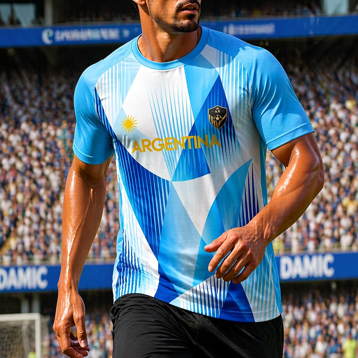 Camiseta de futebol masculina estilo argentino com estampa geométrica em degradê azul e branco, manga curta, proteção solar UPF 50, tecido de malha respirável de secagem rápida, modelo 2026, ideal de 2026 por $18.99 –P1