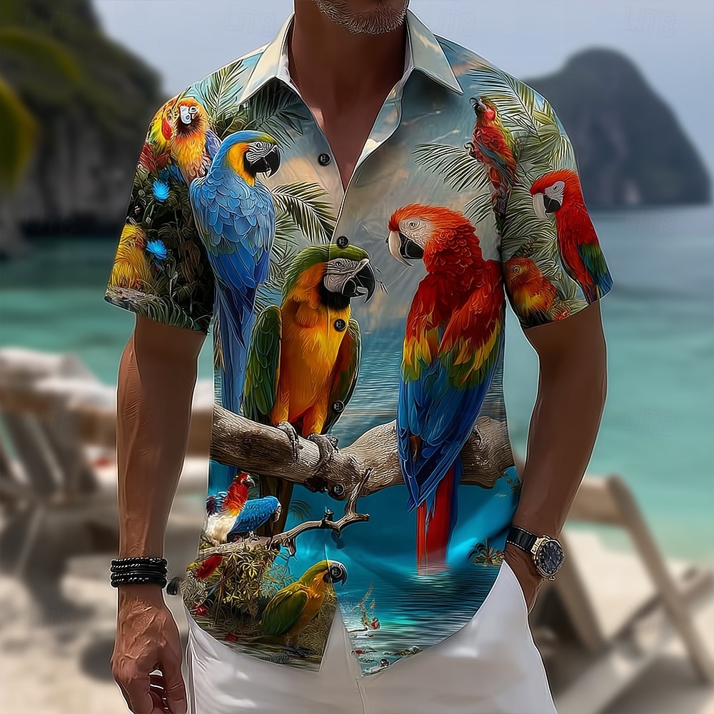 Homens Pássaro Flores tropicais Papagaio Camisa Social Camisas havaianas Camisas tropicais Manga Curta Havaiana Praia Férias Verão Primavera Aberto para a Lateral Impressão 3D Camisas de botões Azul de 2026 por $25.99 –P2