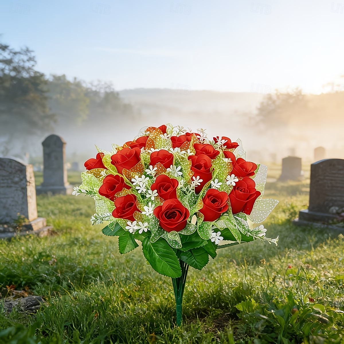 Arranjo requintado de rosas artificiais para lápides, ideal para o Dia da Memória, funerais e cemitérios, expressando condolências e despedidas a familiares e amigos. de 2026 por $14.99 –P1