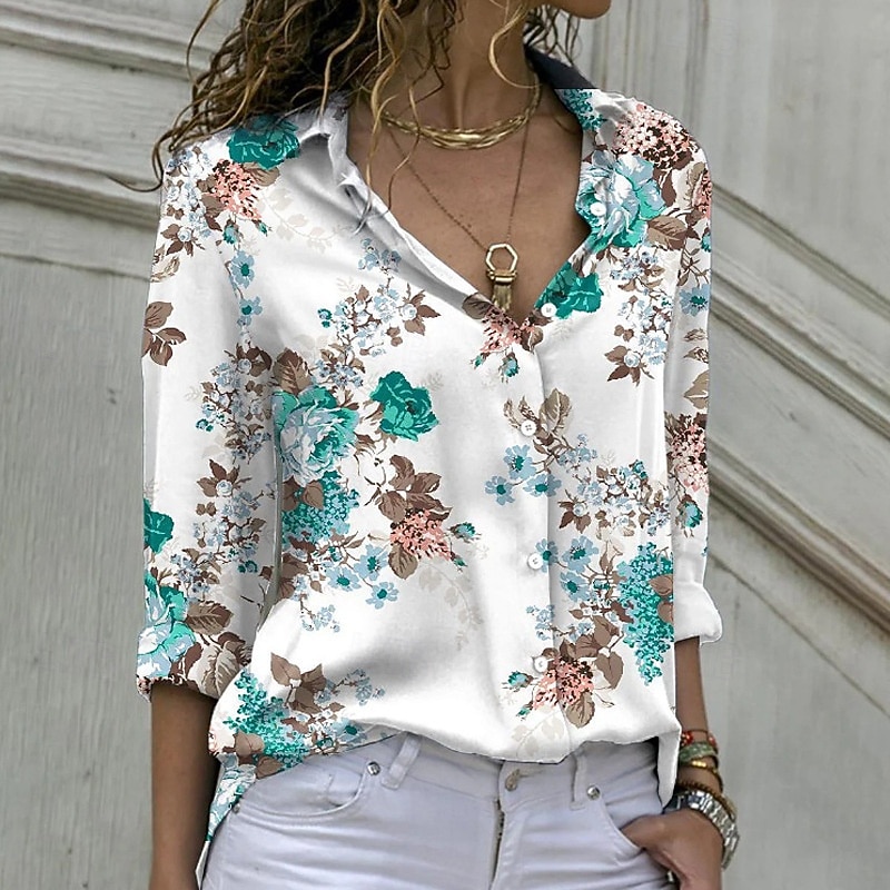 Dames Overhemd Blouse Lapwerk Knop Bloemig Stijlvol Klassiek Modern Lange mouw Overhemdkraag Normale tops Dagelijks Feestdagen Uitgaan blauw Paars Groen Zomer Lente 2026 - $29.99 –P3