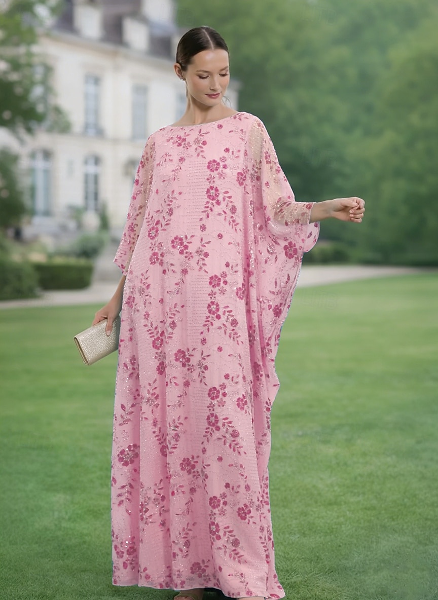 Linea ad A Abito Lunghezza al pavimento Abito da invitata a nozze Abito Formale Abito da sera Abito da cerimonia per signora Mezza Manica Scollo a Barca Elegante Semplice Abbellito Formale Chiffon del 2026 a $182.99 –P5