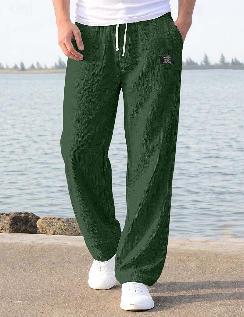 Men's Linen Pants Trousers Summer Pants Baggy Pants Beach Pants Drawstring Elastic Waist Straight Leg Plain Comfort Breathable Full Length Casual Daily Holiday Vacation Fashion Loose Fit Blue White 2026 - $27.99 –P9