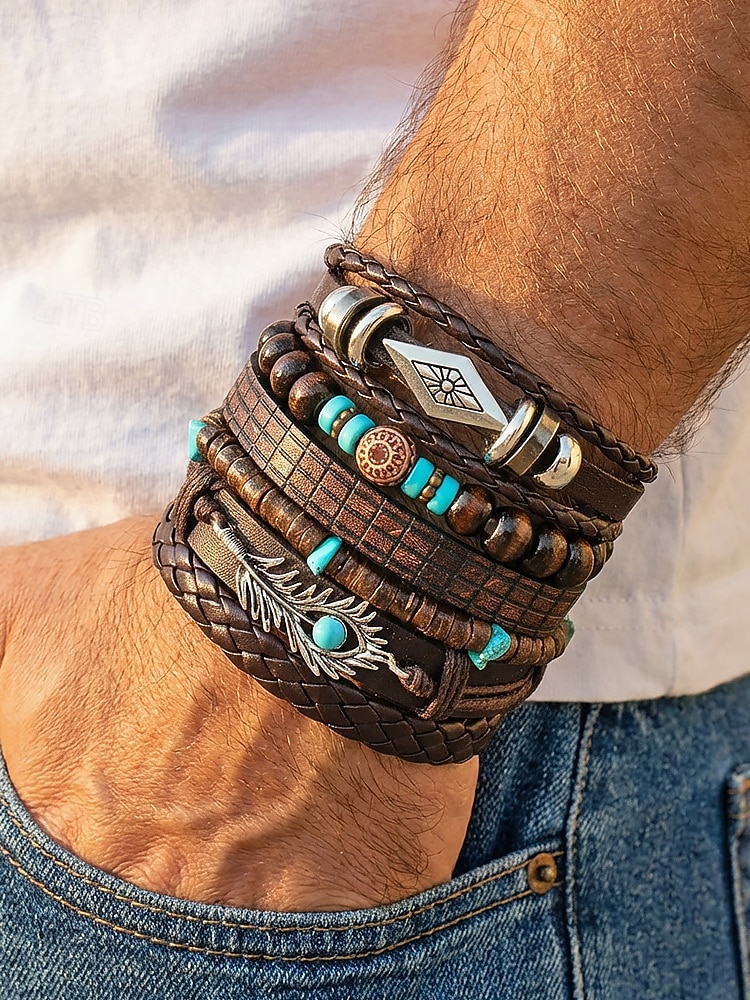 סט צמידים בסגנון בוהמי לגברים, אורך מתכוונן בן 6 חלקים, סגסוגת, קליפת קוקוס &חומר מעורב עץ, מושלם לחופשת חוף, ללבישה יומיומית קז'ואלית 2026 - $11.99 –P1