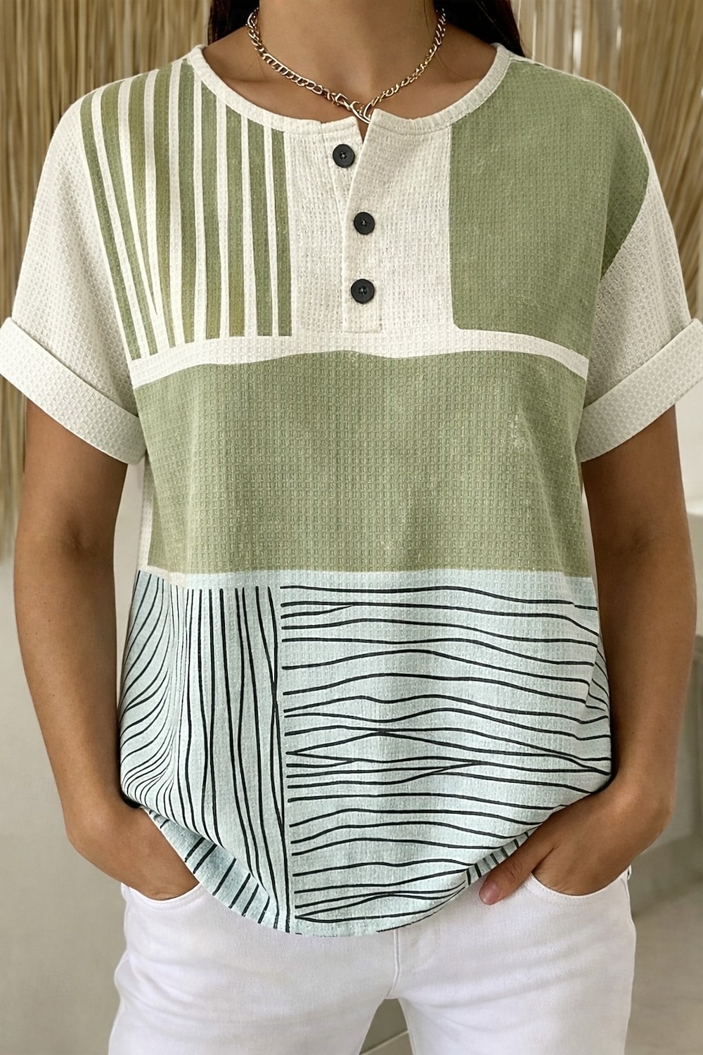 Damskie Koszulka z goframi Teksturowane swetry z dzianiny Podkoszulek Kolorowy blok Nadruk Graficzny Geometryczny Abstrakcja Zabytkowe Elegancki Klasyczny Krótki rękaw Półgolf Henley Zwykłe topy 2026 - $21.99 –P1