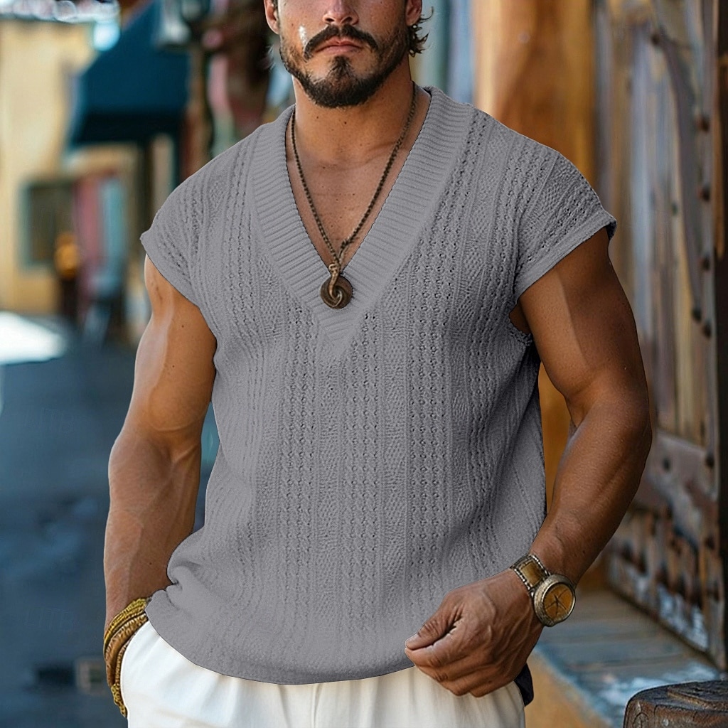 Men's T-Shirt Outfits Tee Top Sleeveless V Neck Spring & Summer Summer Spring Knitwear Hawaiian Designer Knitted Casual Daily Home White Top Tee for Men 2026 - $21.99 –P7