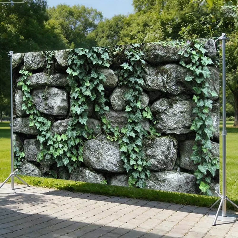 Rustikale Steinmauer, grüner Efeu, Kletterblätter, natürliche graue Felsen, realistische Textur, Garagentor-Banner, Außenkulisse, Wandteppich für Garten, Hof, Terrasse, Zaun, Heimdekoration 2026 - $20.99 –P1
