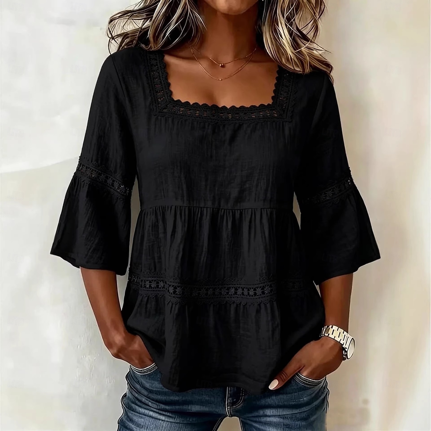 Haut classique en coton et lin pour femme, élégant, à empiècements de dentelle et volants superposés, manches 3/4, col carré, coupe droite, idéal pour un look décontracté au quotidien. Disponible en de 2026 ? $13.99 –P2