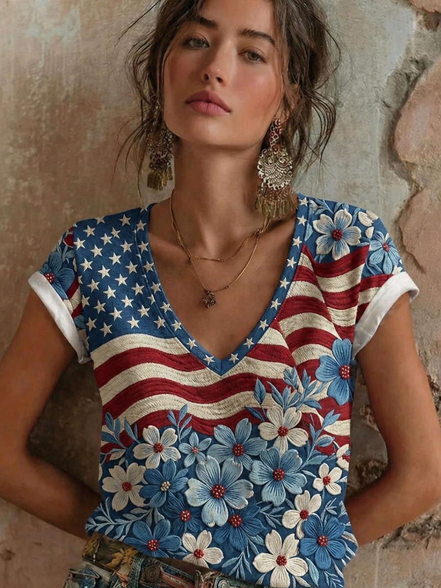 Giorno dell'Indipendenza Americana Per donna Maglietta Stampato Grafico Lettera Bandiera Americana Elegante Classico Casual Manica Corta Scollo a V Top Regolari Casuale Quotidiano Blu Nero e rosso del 2026 a $21.99 –P3
