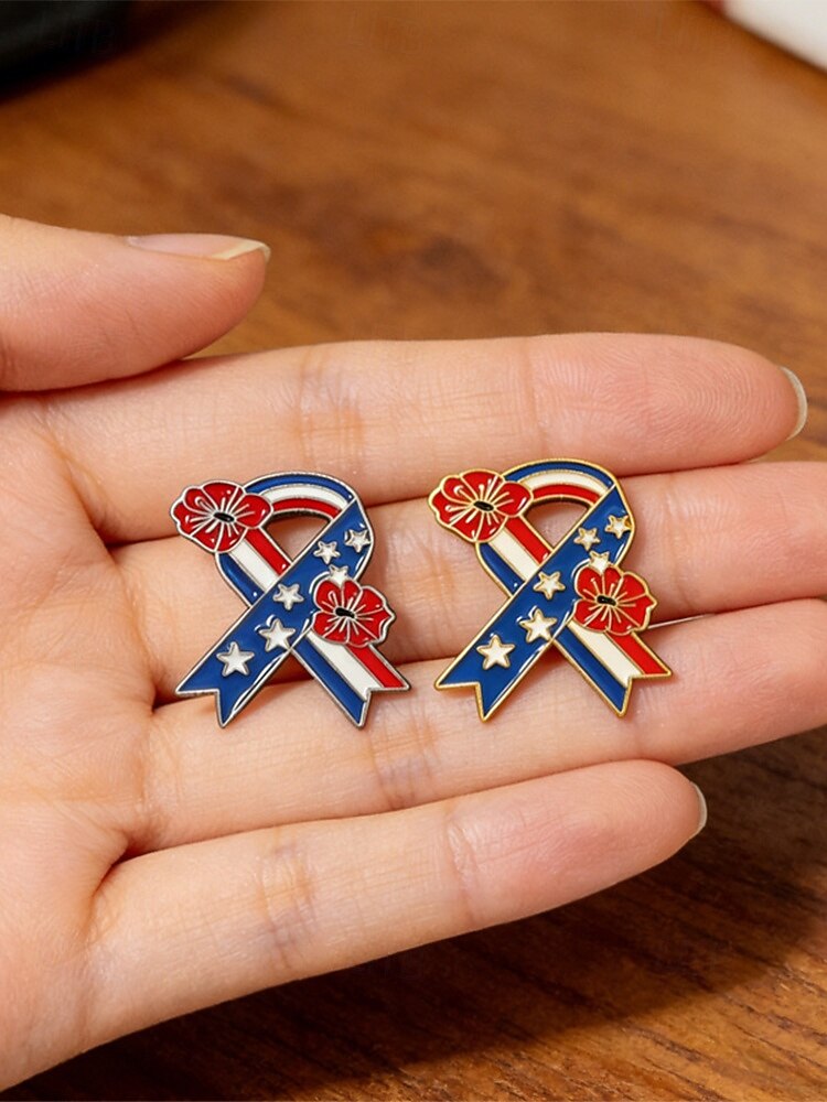 Damesbrocheset met legering lint en bloemmotief, gouden en zilveren patriottische reversspelden voor de viering van 250 jaar Amerika, Onafhankelijkheidsdag, feestelijke avondkleding en feestelijke 2026 - $7.99 –P7