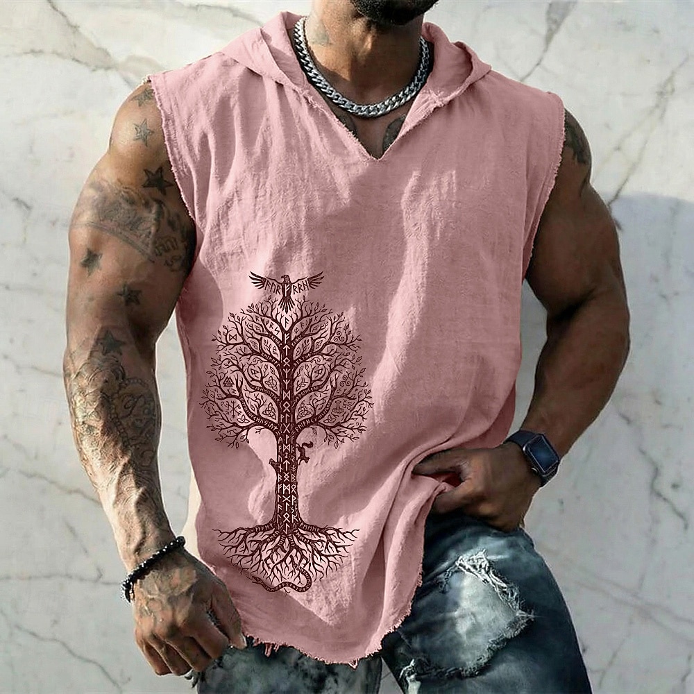 Miesten viikinkikuvio, yggdrasil, pohjoismainen elämänpuu, korppi, riimut, pakanallinen, boheemi, vintage, hihaton hupullinen liivi, graafinen, rispaantunut, raakahelma, puuvillaa, pellavaa, löysä 2026 - $19.99 –P3