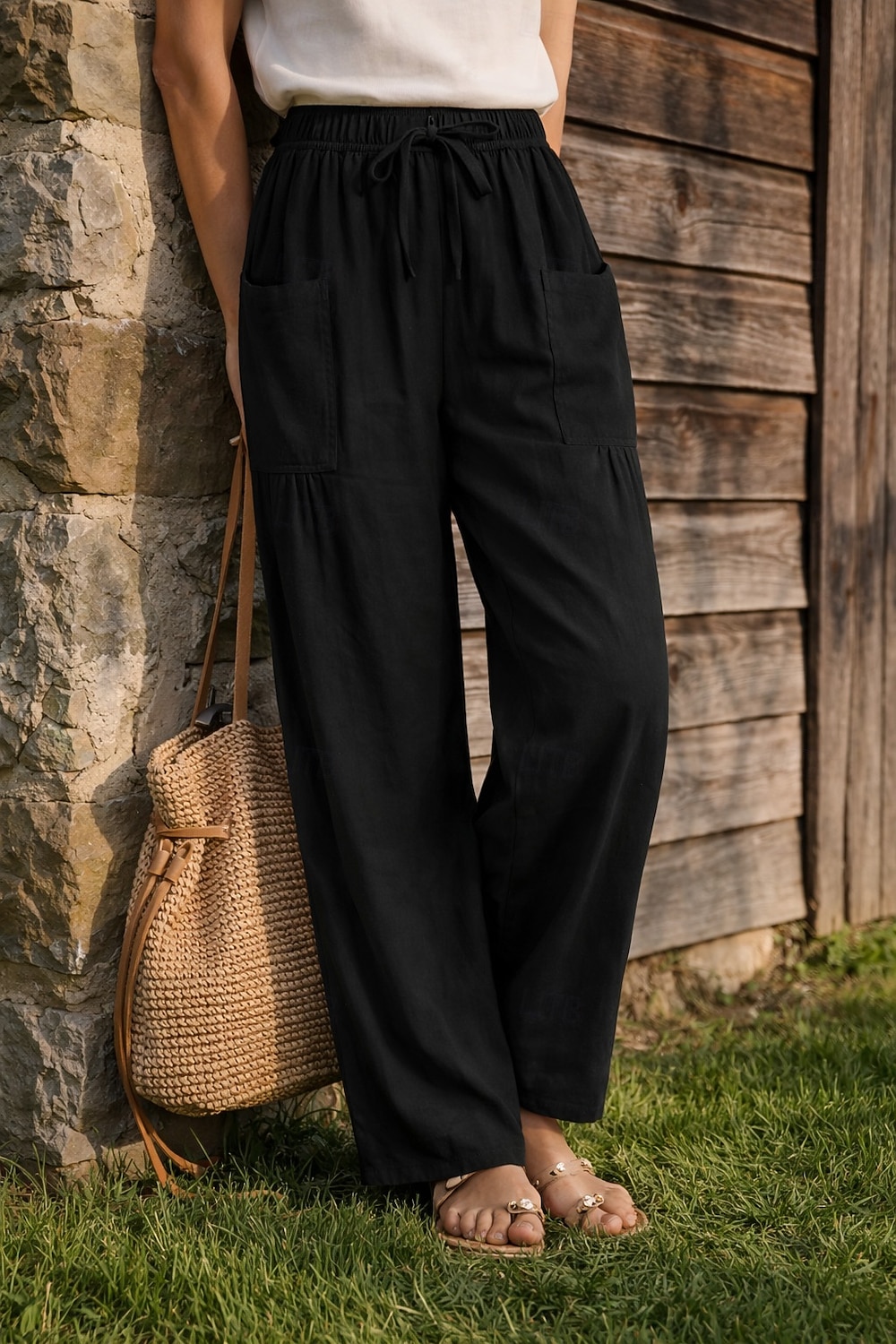 Жен. Широкие Льняные брюки Штаны Чино Отпуск Мода Классический Полная длина Нормальная Полотняное плетение Кулиска Плиссировка Карман Комфорт Легкость Дышащий Неэластичная 2026 - $19.99 –P14