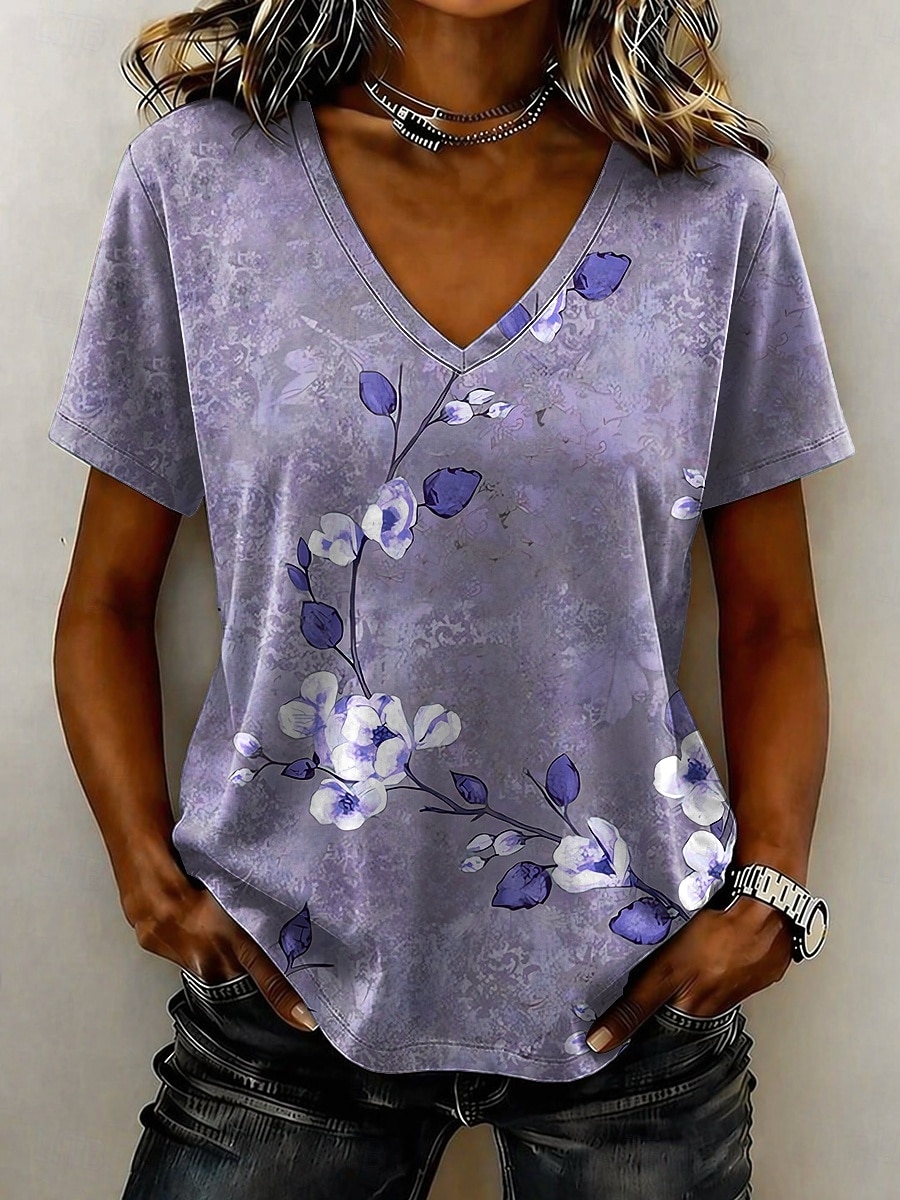 Per donna Maglietta Stampato Floreale Grafico Elegante Classico Casual Manica Corta Scollo a V Top Regolari Casuale Quotidiano Blu Rosa Viola Verde Estate Primavera del 2026 a $22.99 –P2
