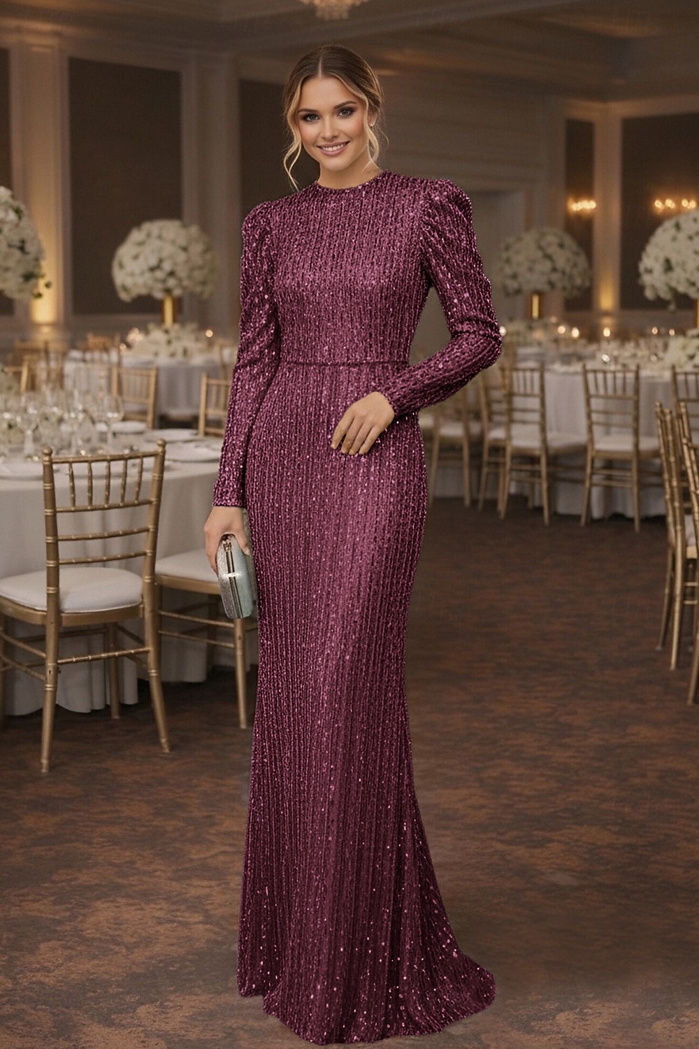 Tubino Colonna Lunghezza al pavimento Abito da invitata a nozze Abito Formale Abito da sera Abiti da Ballo Elegante Manica Lunga Girocollo Balli di fine anno Formale Con Paillettes con Glitter del 2026 a $149.99 –P5