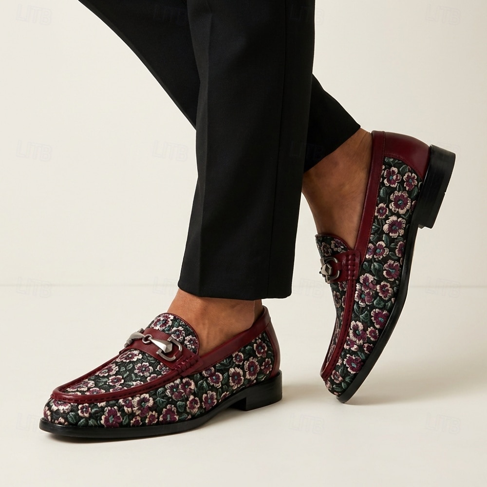 Herrloafers i vinröda blommiga jacquardmönster med slip-on-detaljer, eleganta statement-skor för bröllopsgäster, banketter, fester, mottagningar och kvällsevenemang 2026 - $109.99 –P3