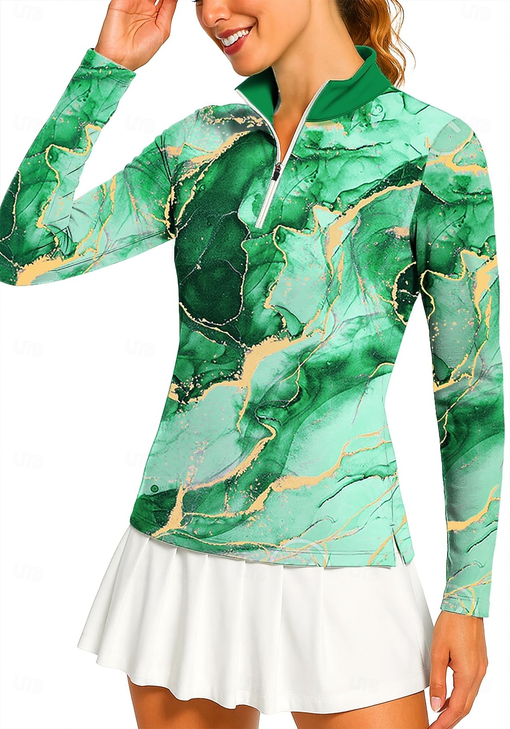 Damen Marmor Golf-Poloshirt Tennis Shirt Tennis-T-Shirt Langarm Druck Viertel Postleitzahl Pullover UV Schutz Elastisch Atmungsaktiv Volleyball Tennis Golfspiel Stehkragen Reißverschlusskragen Hemd 2026 - $25.99 –P6