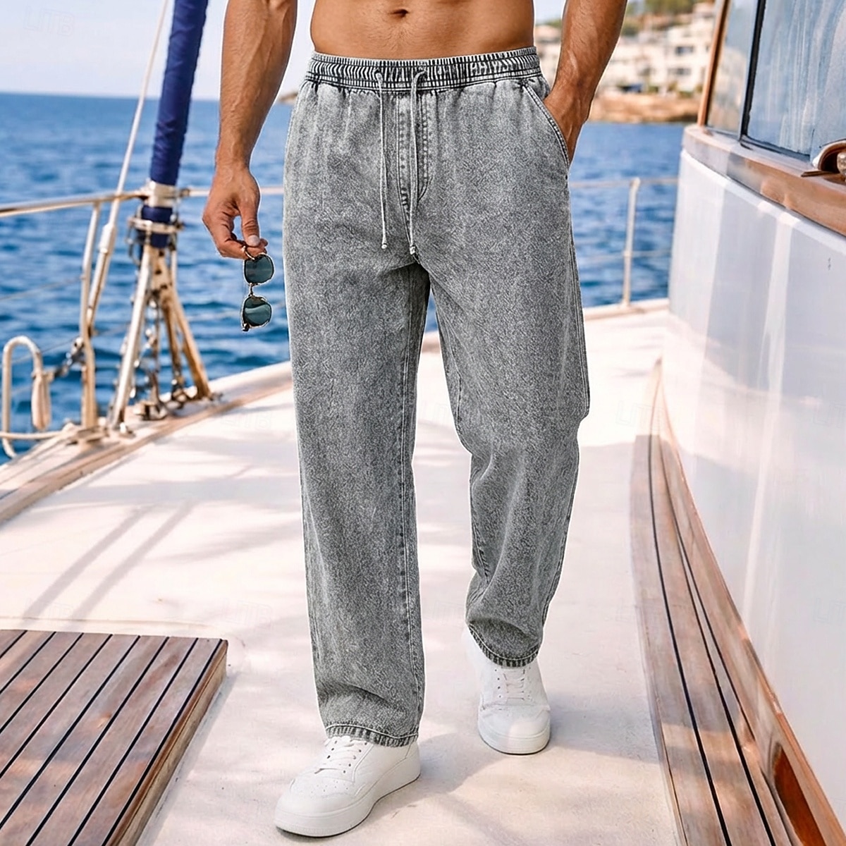Pantalones softfade™ para hombre, pantalones casuales de verano, pantalones vaqueros 100% algodón, cintura elástica con cordón, pierna recta, lisos, cómodos, transpirables, largos, casuales, para uso diario, actividades al aire libre, vacaciones. 2026 - $17.49 –P8