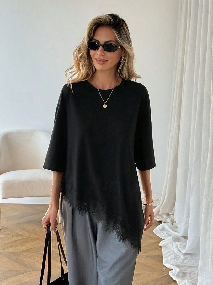 Γυναικεία Κομψή Χιτώνας Μπλουζάκι Ασύμμετρο στρίφωμα Σκέτο Κομψό Βοημία Κοντομάνικο Στρογγυλή Ψηλή Λαιμόκοψη Μακριές μπλούζες Causal Μαύρο Λευκό Καλοκαίρι Άνοιξη 2026 - $22.99 –P8