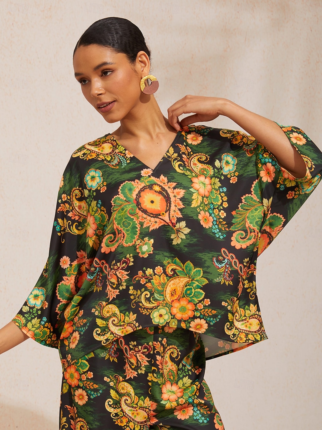 paisleyblommig silkeslen satintopp med dolmanärmar 2026 - $67.99 –P1