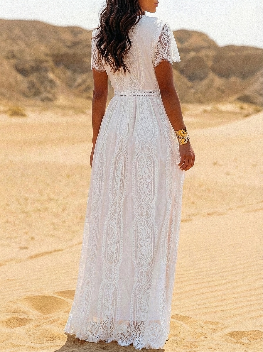 Dámské Maxi šaty Boho šaty Krajkové šaty Bílé šaty Letní šaty Elegantní Módní Plážové Dovolená Běžný Bez vzoru Krátký rukáv Do V Bílá Léto Jaro 2026 - $45.99 –P4