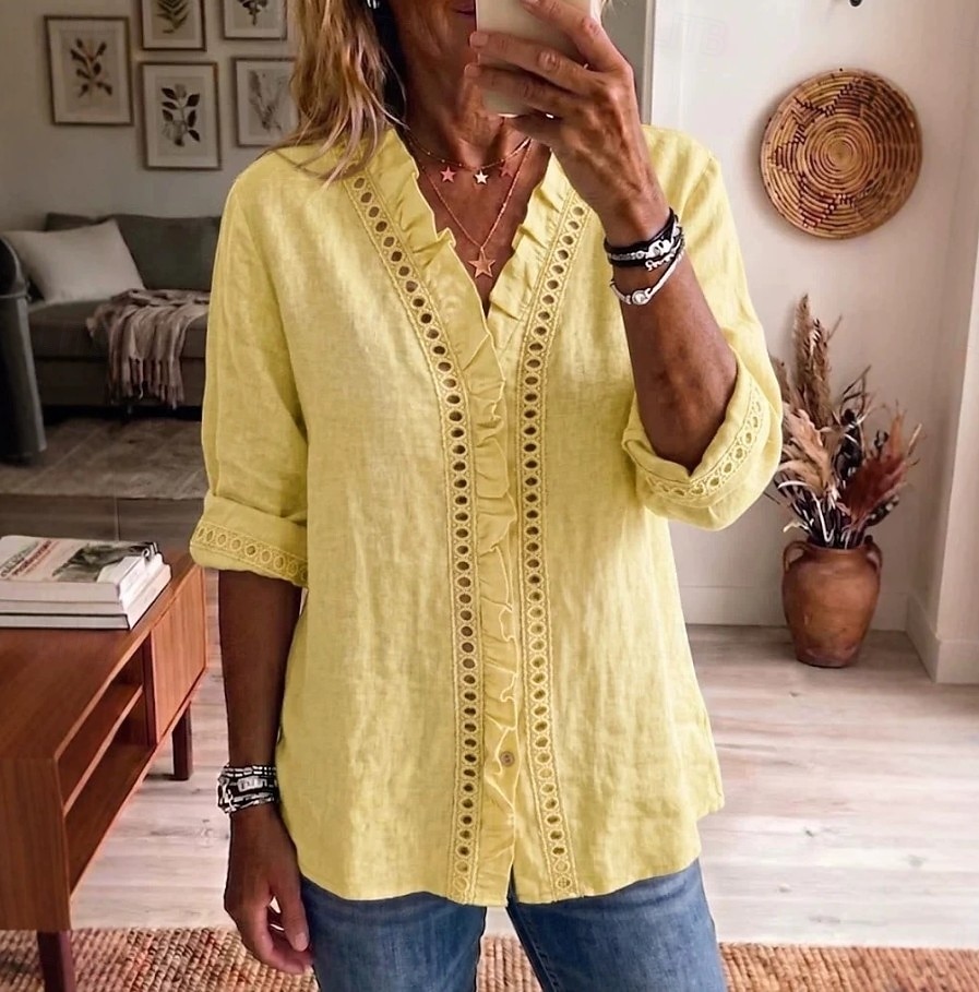 Damen Hemd Patchwork Bestickt Einfarbig Einfach Elegant Bohemien Urlaub Umlegekragen Lange Oberteile Lässig Blau Gelb Rosa Sommer Frühling 2026 - $31.99 –P2