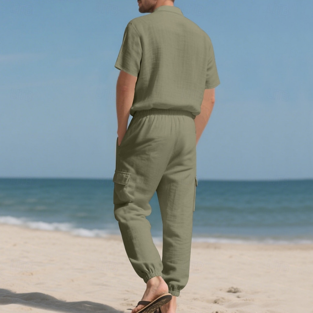 Men's Linen Shirt 2 Piece Shirt Set And Cargo Pants Linen Pants Trousers Set Plain Casual Daily Outdoor Turndown Short Sleeves Summer Fashion Casual Comfortable Clothing Apparel 2026 - $36.99 –P18