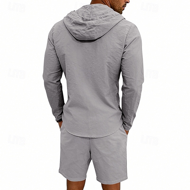 Ανδρικά Πουκάμισο λινό 2 Κομμάτια Σετ πουκαμίσου Και Σορτσάκια Σορτς από λινό Σορτς παραλίας Σειρά Σκέτο Καθημερινά ΕΞΩΤΕΡΙΚΟΥ ΧΩΡΟΥ Διακοπές Με Κουκούλα Μακρυμάνικο Καλοκαίρι Άνοιξη 2026 - $36.99 –P4