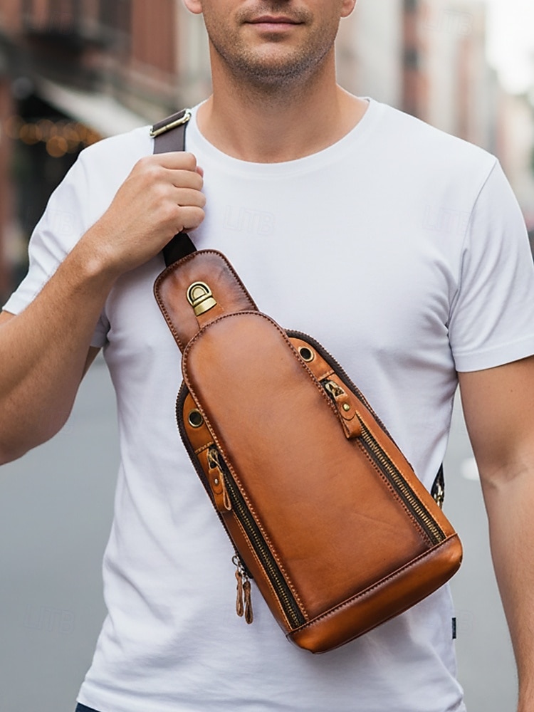 Herren-Umhängetasche aus Vollnarbenleder, geräumige Crossbody-Tasche mit mehreren Fächern und verstellbarem Riemen, stilvolle Farben in Kaffee und Braun für den Alltag, Pendeln und Geschäftsreisen 2026 - $54.99 –P1