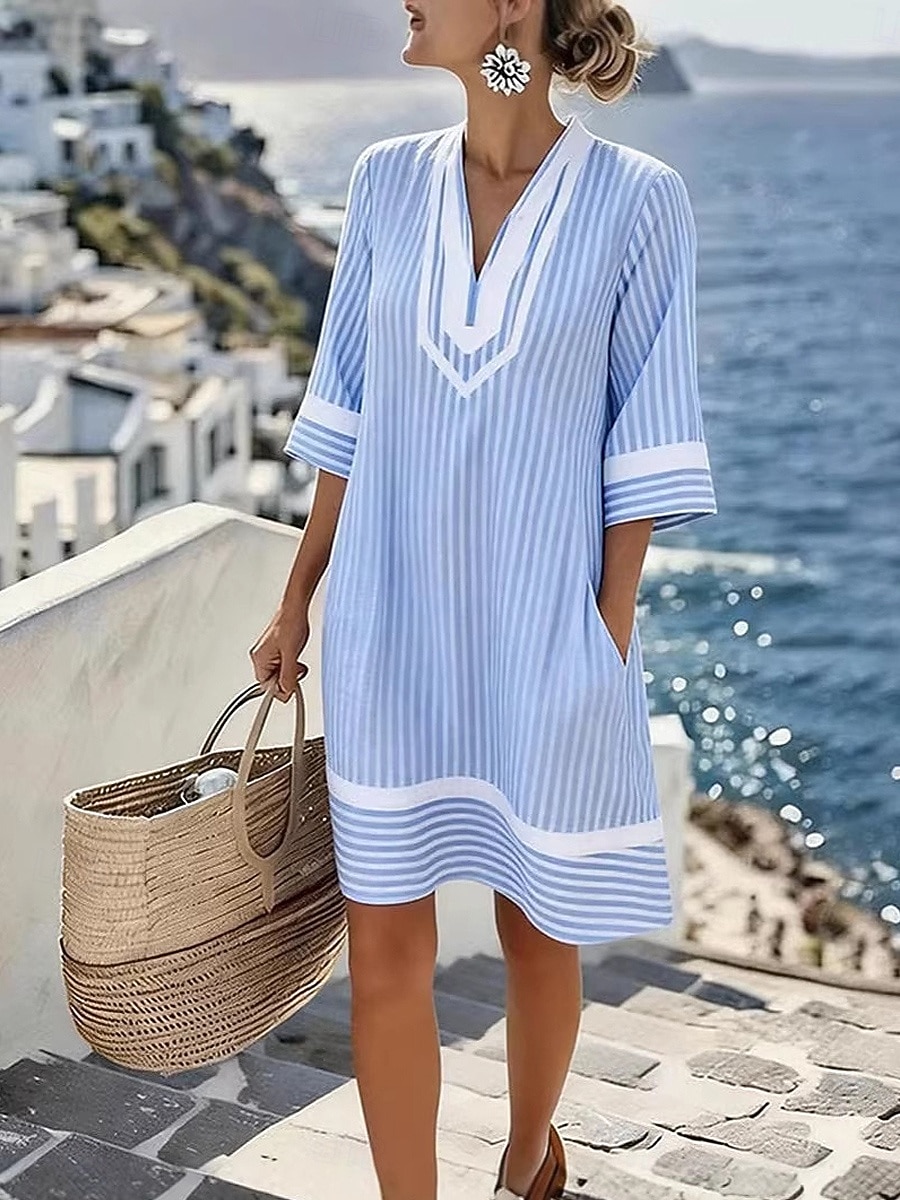 Dames Mini-jurk Gestreepte jurk Zomerjurk Basic Klassiek Dagelijks Vakantie Ruim Passend Gestreept Halve mouw V-hals blauw Zomer Lente 2026 - $21.99 –P1