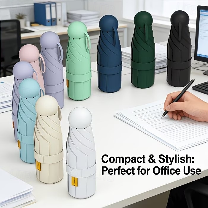 Sammenleggbar kapselparaply med seks ribber, svart, UV-bestandig, ultralett, egnet for både regn og solskinn, UPF50-tilbud, for daglig pendling, shopping, korte turer, reise, piknik 2026 - $15.49 –P1