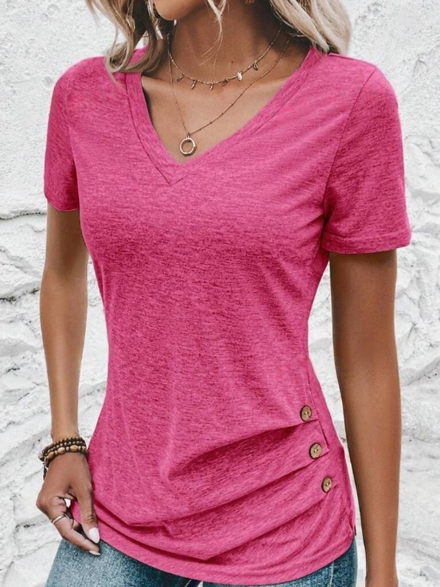 Per donna Maglietta Tinta unica Moda Classico Casual Manica Corta Scollo a V Top Regolari Quotidiano Uscire Weekend Verde militare Rosso Viola Rosa Grigio Estate Primavera del 2026 a $17.49 –P14