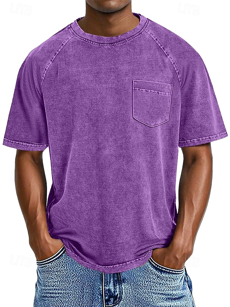 Herren Baumwoll-T-Shirt Gewaschenes Hemd T-Shirt Kurzarm Rundhalsausschnitt Sommer Frühling Ganzjahres Einfarbig Einfach Retro Vintage Betrübt Tasche Stückgefärbt Gewaschen Lässig Urlaub Straße 2026 - $28.99 –P9