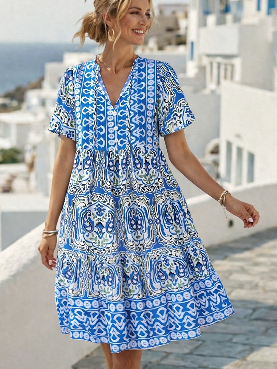 Γυναικεία Φόρεμα μέχρι το γόνατο Φόρεμα Boho Φόρεμα πουκαμίσα Κομψό Βοημία Etnic Παραλία Αργίες Χαλαρή Εφαρμογή Γραφική Γεωμετρικό Κοντομάνικο Όρθιος Γιακάς Θαλασσί Ανθισμένο Ροζ Πορτοκαλί 2026 - $27.99 –P3