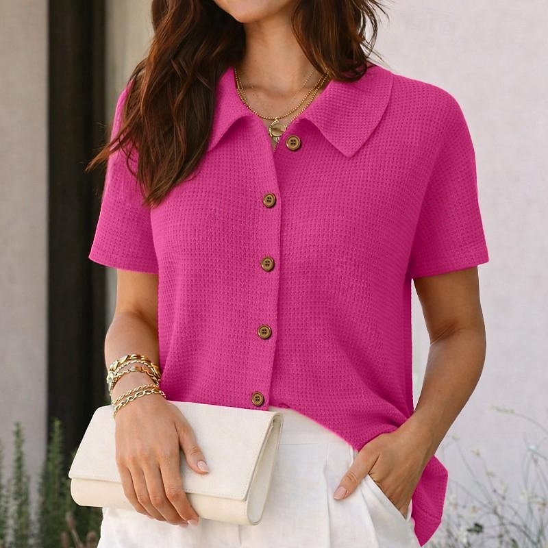 Per donna Camicia Camicia a nido d'ape Camicia casual Camicia con Bottoni Bottoni Tinta unica Semplice Vacanza Moda Quotidiano Manica Corta Collo ripiegato Top Regolari All'aperto Abbigliamento del 2026 a $25.99 –P8