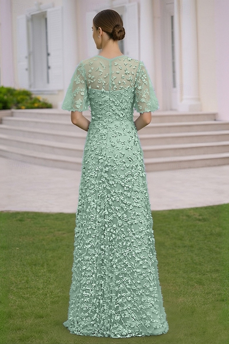 A-Line Dress Floor Length Wedding Guest Dress Formal Dresses Evening Gown Mother of the Bride Dress Short Sleeve Crew Neck Elegant Simple Embellished Formal Lace with 3D Flowers 2026 - $194.99 –P5