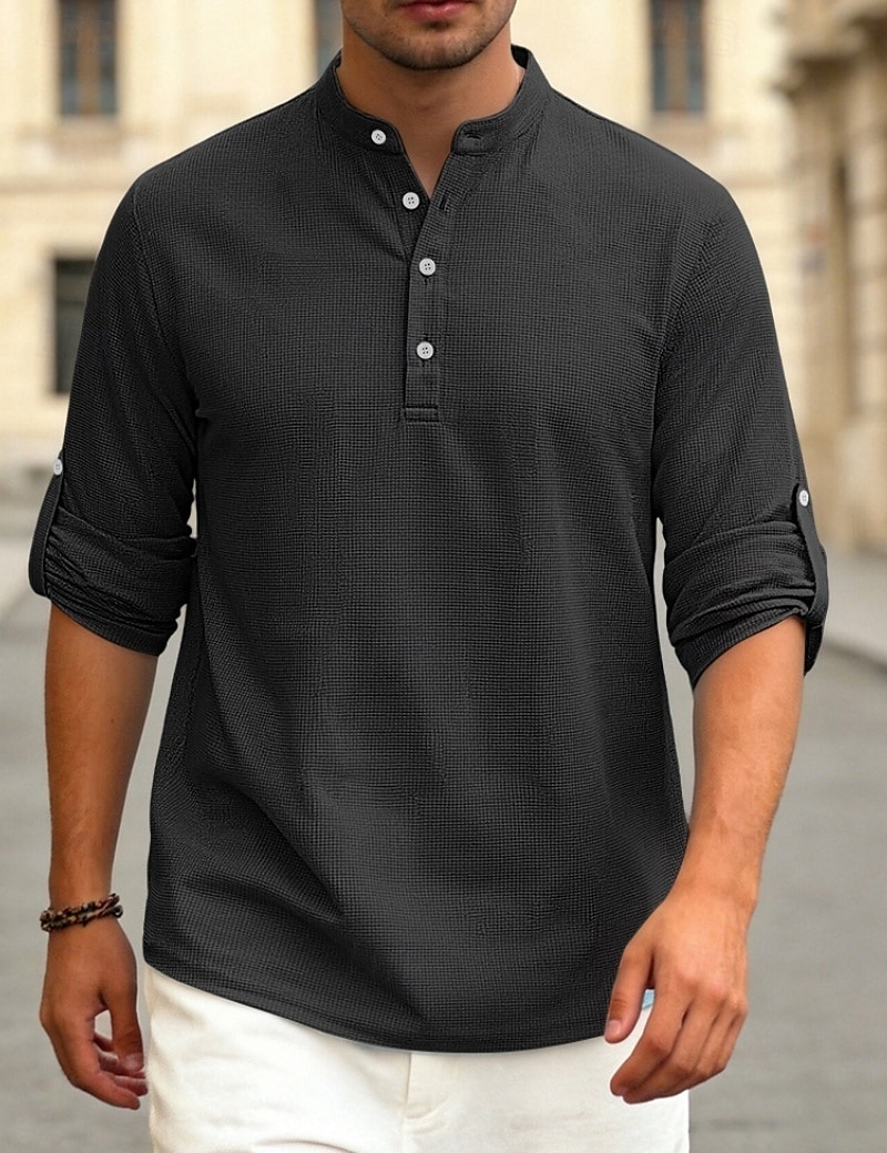Herren T Shirt Waffel-Henley-Hemd Henley Hemd Langarmshirt Langarm Henley Sommer Frühling Einfach Mode Streetwear Freizeit Knöpfe Lässig Täglich Urlaub Blau Schwarz Weiß Top T-Shirt für Herren 2026 - $24.99 –P19