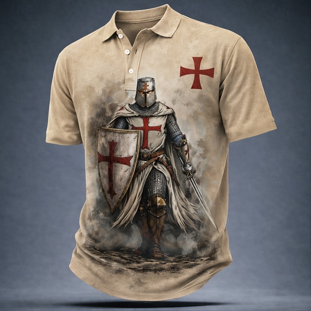 Męskie Templariusze Koszulki polo Krótki rękaw Koszulki polo Klapa Codzienny Ulica Athleisure Dzienne zużycie Druk 3D Guziki Oddychająca siateczka Lato Wiosna Czarny Biały Czerwony 2026 - $21.99 –P1