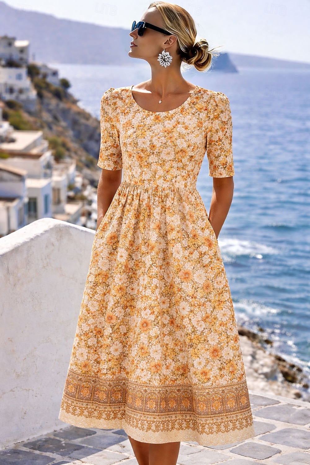 Women's Midi Dress Shift Dress Vacation Vintage Casual Regular Fit Floral Graphic Bohemian Short Sleeve Crew Neck Blue Yellow Pink Summer Spring 2026 - $33.99 –P1