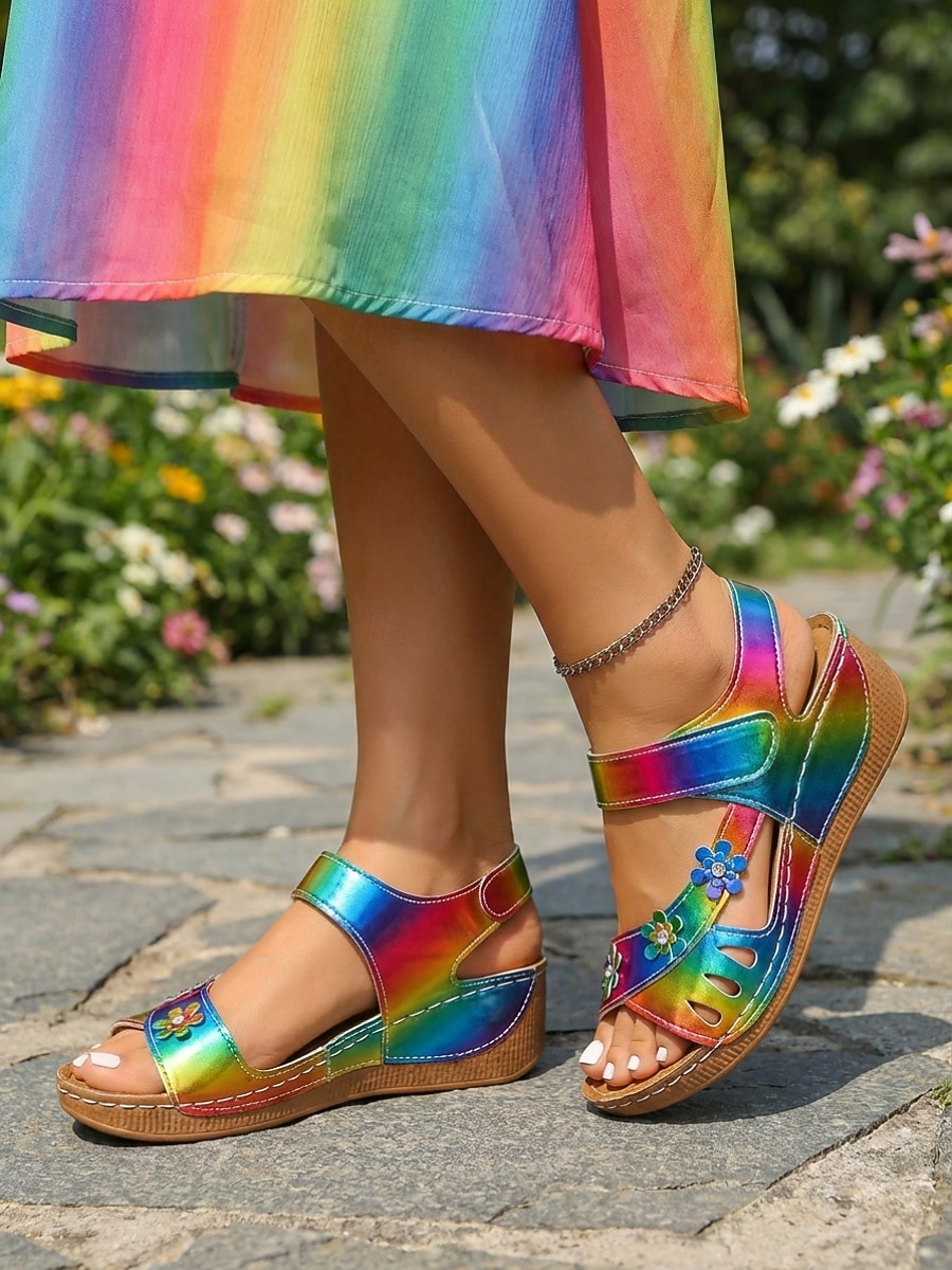Sandali con zeppa casual colorati da donna – scarpe estive decorate con fiori, sandali aperti con velcro regolabili per feste in giardino e viaggi &abbigliamento quotidiano del 2026 a $26.99 –P1