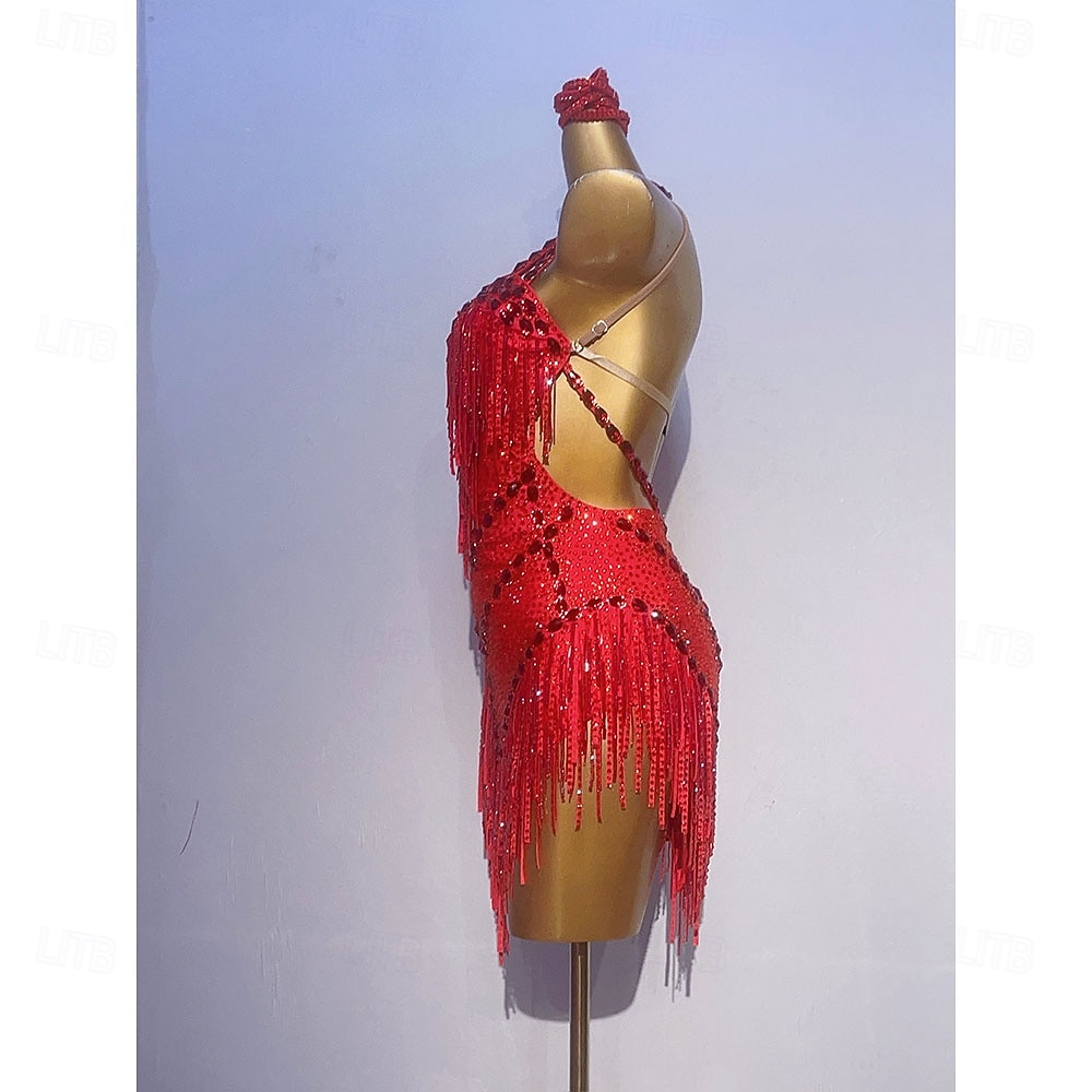 Women's Red Sequin Fringe Latin Dance Dress Halter Deep V Ballroom Competition Dress 2026 - $477.39 –P3