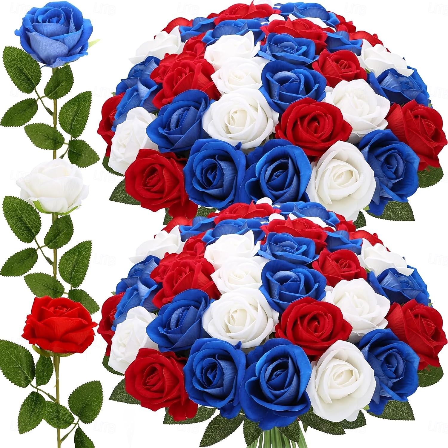 24 Artificial Roses For July 4th Decoration, Red, White, And Blue Patriotic Floral Arrangement, Realistic Velvet Silk Roses, Sold In Bulk For Memorial Day Centerpieces And Home Decor 2026 - $30.99 –P1