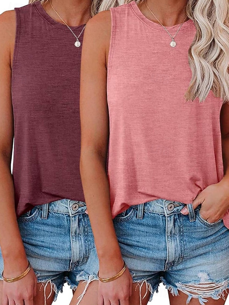 Confezioni multiple 2 pezzi Per donna Girocollo Senza Maniche Bianco + rosa Canotta Maglietta senza maniche Maglietta Tinta unica Casuale Quotidiano Poliestere Estate del 2026 a $25.99 –P11