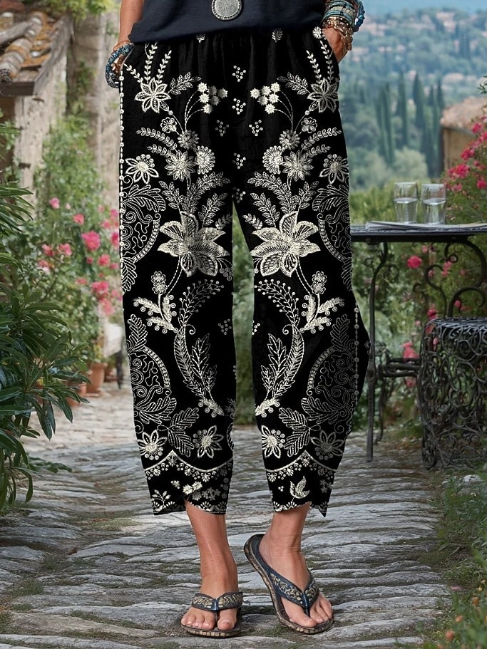 Γυναικεία Amestec Bumbac Λινό από ψεύτικο βαμβάκι κινέζικα Πλατύ παντελόνι ανάπαυσης Διακοπές Βασικό Καθημερινό / Σπορ Μέχρι τον αστράγαλο Μεσαία Μέση Φλοράλ Γραφική Τσέπη Σακουλιασμένος Στάμπα Άνεση 2026 - $34.99 –P1