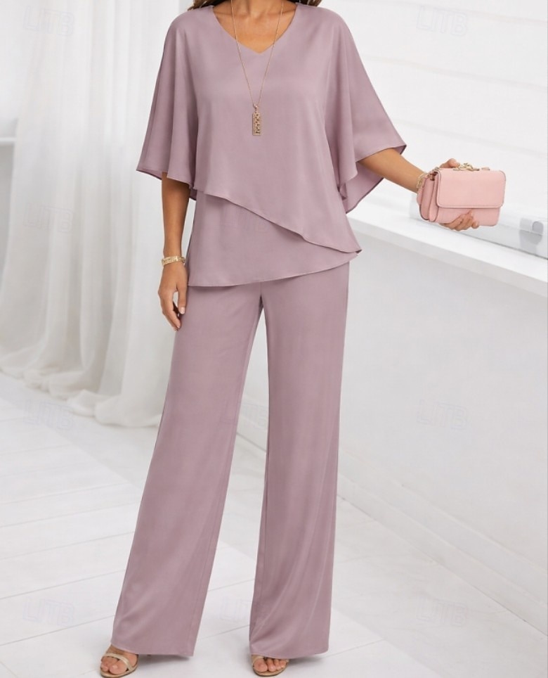 Women's Blouse Wide Leg Pants 3/4 Length Sleeve V Neck Plain Ruffle Fashion Streetwear Daily Casual Daily Pink Purple Khaki Spring &  Fall Regular Fit 2026 - $43.99 –P3